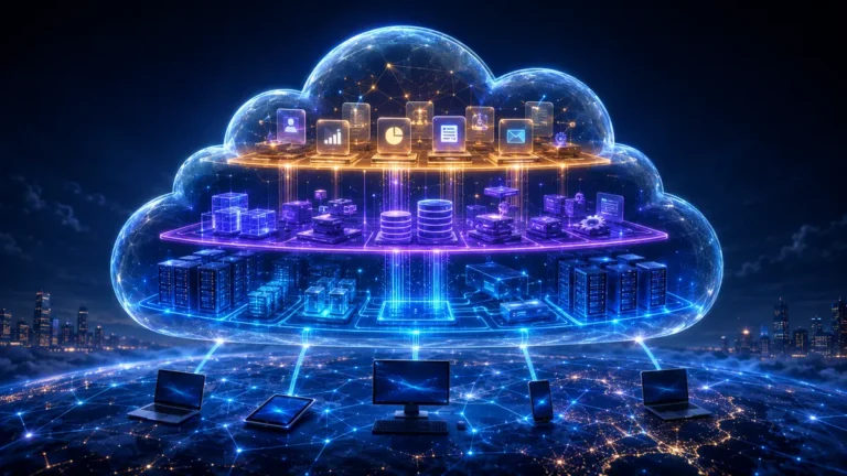 Arquitetura de cloud computing dividida em infraestrutura, plataforma e aplicações