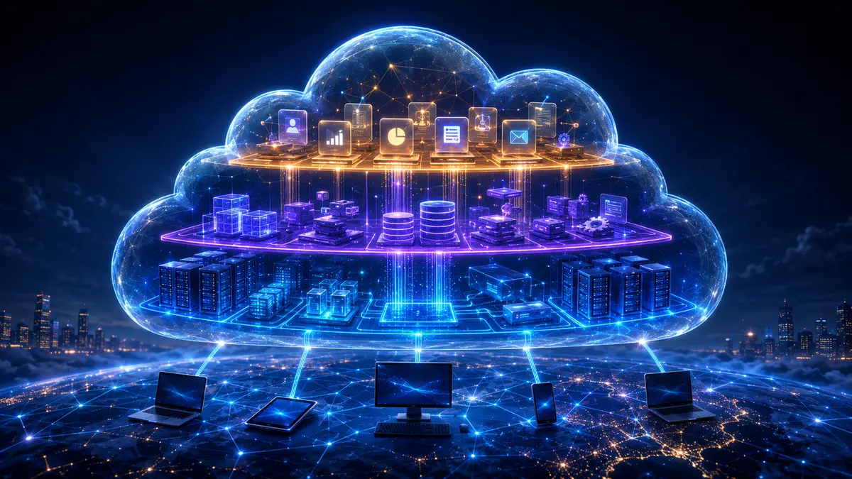 Arquitetura de cloud computing dividida em infraestrutura, plataforma e aplicações