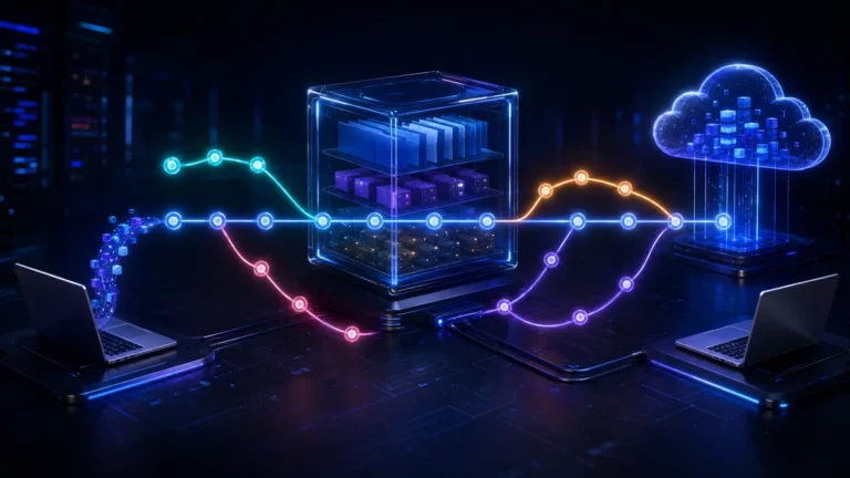 Repositório Git com histórico de commits, branches e colaboração entre desenvolvedores